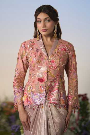 Buy Shashank Arya Pink Georgette, Dupion V-neck Embroidered Jacket And Dhoti Skirt Set Online at Aza Fashions Buy_Shashank Arya_Pink Georgette, Dupion V-neck Embroidered Jacket And Dhoti Skirt Set _Online_at_Aza_Fashions