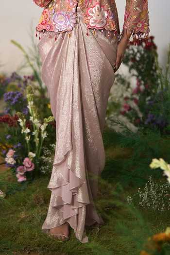 Shop Shashank Arya Pink Georgette, Dupion V-neck Embroidered Jacket And Dhoti Skirt Set Online at Aza Fashions Shop_Shashank Arya_Pink Georgette, Dupion V-neck Embroidered Jacket And Dhoti Skirt Set _Online_at_Aza_Fashions