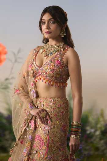 Buy Shashank Arya Beige Satin, Net, Shantoon V-neck Floral Embroidered Fish Cut Lehenga Set Online at Aza Fashions Buy_Shashank Arya_Beige Satin, Net, Shantoon V-neck Floral Embroidered Fish Cut Lehenga Set _Online_at_Aza_Fashions
