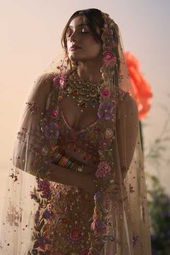 Shop Shashank Arya Beige Satin, Net, Shantoon V-neck Floral Embroidered Fish Cut Lehenga Set Online at Aza Fashions Shop_Shashank Arya_Beige Satin, Net, Shantoon V-neck Floral Embroidered Fish Cut Lehenga Set _Online_at_Aza_Fashions