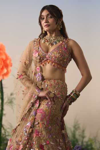 Shashank Arya Beige Satin, Net, Shantoon V-neck Floral Embroidered Fish Cut Lehenga Set at Aza Fashions Shashank Arya_Beige Satin, Net, Shantoon V-neck Floral Embroidered Fish Cut Lehenga Set _at_Aza_Fashions
