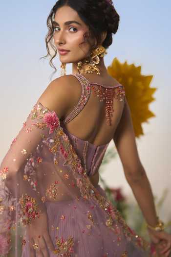 Shashank Arya Purple Satin, Net Sweetheart Neck Embroidered Pre-draped Saree With Corset Online at Aza Fashions Shashank Arya_Purple Satin, Net Sweetheart Neck Embroidered Pre-draped Saree With Corset _Online_at_Aza_Fashions