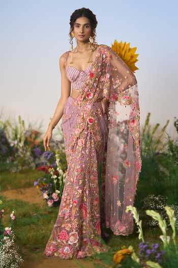 Shashank Arya Embroidered Pre-Draped Saree With Corset