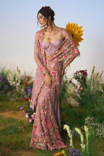 Shashank Arya Purple Satin, Net Sweetheart Neck Embroidered Pre-draped Saree With Corset at Aza Fashions Shashank Arya_Purple Satin, Net Sweetheart Neck Embroidered Pre-draped Saree With Corset _at_Aza_Fashions