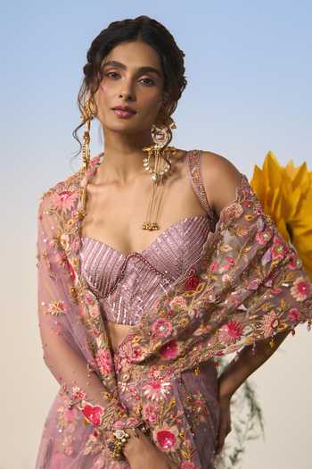 Buy Shashank Arya Purple Satin, Net Sweetheart Neck Embroidered Pre-draped Saree With Corset Buy_Shashank Arya_Purple Satin, Net Sweetheart Neck Embroidered Pre-draped Saree With Corset