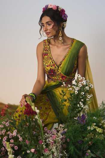 Shashank Arya Green Organza, Net, Chiffon, Ombre Embroidered Pre-draped Saree With Blouse Online at Aza Fashions Shashank Arya_Green Organza, Net, Chiffon, Ombre Embroidered Pre-draped Saree With Blouse _Online_at_Aza_Fashions