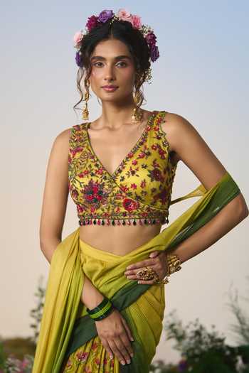 Buy Shashank Arya Green Organza, Net, Chiffon, Ombre Embroidered Pre-draped Saree With Blouse Online at Aza Fashions Buy_Shashank Arya_Green Organza, Net, Chiffon, Ombre Embroidered Pre-draped Saree With Blouse _Online_at_Aza_Fashions