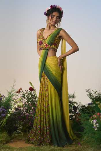 Shop Shashank Arya Green Organza, Net, Chiffon, Ombre Embroidered Pre-draped Saree With Blouse Online at Aza Fashions Shop_Shashank Arya_Green Organza, Net, Chiffon, Ombre Embroidered Pre-draped Saree With Blouse _Online_at_Aza_Fashions