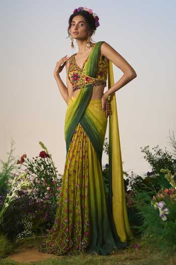 Shashank Arya Ombre Embroidered Pre-Draped Saree With Blouse