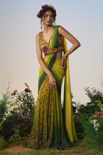Shashank Arya Green Organza, Net, Chiffon, Ombre Embroidered Pre-draped Saree With Blouse at Aza Fashions Shashank Arya_Green Organza, Net, Chiffon, Ombre Embroidered Pre-draped Saree With Blouse _at_Aza_Fashions