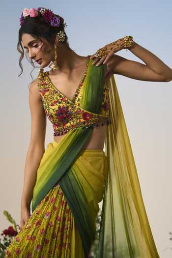 Buy Shashank Arya Green Organza, Net, Chiffon, Ombre Embroidered Pre-draped Saree With Blouse Buy_Shashank Arya_Green Organza, Net, Chiffon, Ombre Embroidered Pre-draped Saree With Blouse