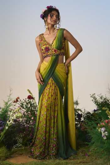 Shop Shashank Arya Green Organza, Net, Chiffon, Ombre Embroidered Pre-draped Saree With Blouse Shop_Shashank Arya_Green Organza, Net, Chiffon, Ombre Embroidered Pre-draped Saree With Blouse