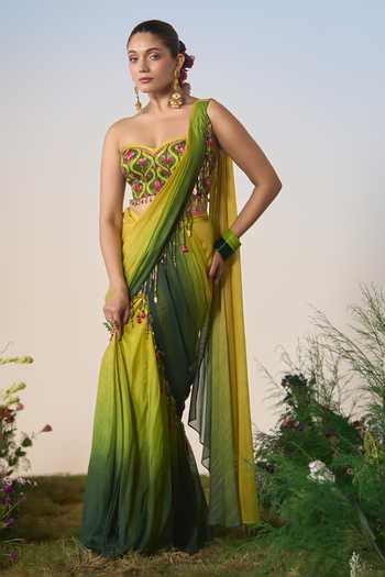 Shashank Arya Embroidered Pre-Draped Saree With Blouse
