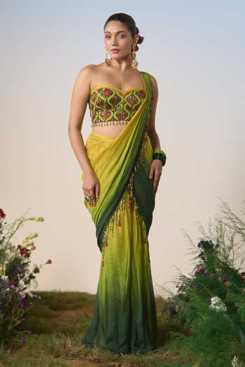 Shashank Arya Green Chanderi, Crepe, Satin, Chiffon Embroidered Pre-draped Saree With Blouse Online at Aza Fashions Shashank Arya_Green Chanderi, Crepe, Satin, Chiffon Embroidered Pre-draped Saree With Blouse _Online_at_Aza_Fashions