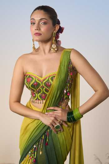 Buy Shashank Arya Green Chanderi, Crepe, Satin, Chiffon Embroidered Pre-draped Saree With Blouse Online at Aza Fashions Buy_Shashank Arya_Green Chanderi, Crepe, Satin, Chiffon Embroidered Pre-draped Saree With Blouse _Online_at_Aza_Fashions