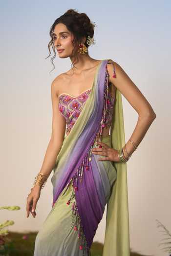 Buy Shashank Arya Purple Chanderi, Crepe, Satin, Chiffon Ombre Pre-draped Saree And Blouse Set Online at Aza Fashions Buy_Shashank Arya_Purple Chanderi, Crepe, Satin, Chiffon Ombre Pre-draped Saree And Blouse Set _Online_at_Aza_Fashions
