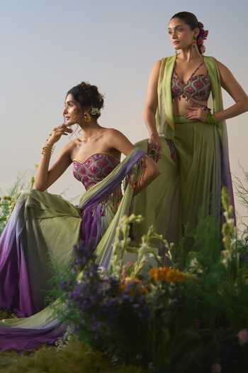 Shop Shashank Arya Purple Chanderi, Crepe, Satin, Chiffon Ombre Pre-draped Saree And Blouse Set Online at Aza Fashions Shop_Shashank Arya_Purple Chanderi, Crepe, Satin, Chiffon Ombre Pre-draped Saree And Blouse Set _Online_at_Aza_Fashions