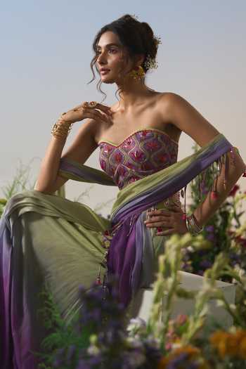 Shashank Arya Purple Chanderi, Crepe, Satin, Chiffon Ombre Pre-draped Saree And Blouse Set at Aza Fashions Shashank Arya_Purple Chanderi, Crepe, Satin, Chiffon Ombre Pre-draped Saree And Blouse Set _at_Aza_Fashions