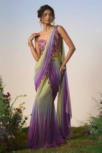 Buy Shashank Arya Purple Chanderi, Crepe, Satin, Chiffon Ombre Pre-draped Saree And Blouse Set Buy_Shashank Arya_Purple Chanderi, Crepe, Satin, Chiffon Ombre Pre-draped Saree And Blouse Set