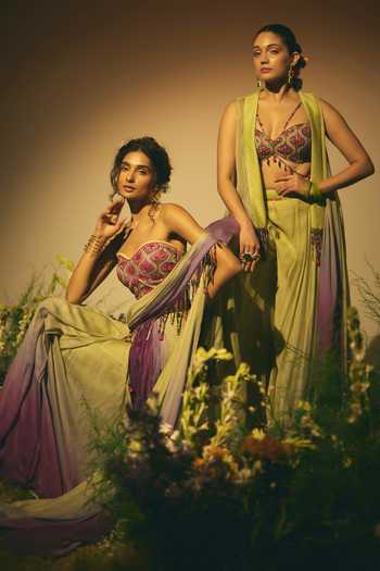 Shop Shashank Arya Purple Chanderi, Crepe, Satin, Chiffon Ombre Pre-draped Saree And Blouse Set Shop_Shashank Arya_Purple Chanderi, Crepe, Satin, Chiffon Ombre Pre-draped Saree And Blouse Set