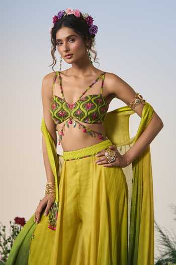 Shashank Arya Green Satin, Chiffon, Chanderi, Crepe Ombre Embroidered Jacket Sharara Set Online at Aza Fashions Shashank Arya_Green Satin, Chiffon, Chanderi, Crepe Ombre Embroidered Jacket Sharara Set _Online_at_Aza_Fashions