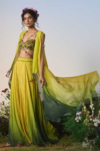 Buy Shashank Arya Green Satin, Chiffon, Chanderi, Crepe Ombre Embroidered Jacket Sharara Set Online at Aza Fashions Buy_Shashank Arya_Green Satin, Chiffon, Chanderi, Crepe Ombre Embroidered Jacket Sharara Set _Online_at_Aza_Fashions
