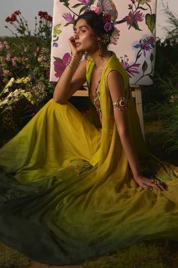 Shop Shashank Arya Green Satin, Chiffon, Chanderi, Crepe Ombre Embroidered Jacket Sharara Set Online at Aza Fashions Shop_Shashank Arya_Green Satin, Chiffon, Chanderi, Crepe Ombre Embroidered Jacket Sharara Set _Online_at_Aza_Fashions