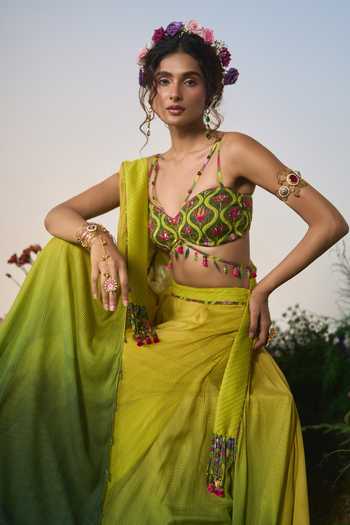 Buy Shashank Arya Green Satin, Chiffon, Chanderi, Crepe Ombre Embroidered Jacket Sharara Set Buy_Shashank Arya_Green Satin, Chiffon, Chanderi, Crepe Ombre Embroidered Jacket Sharara Set