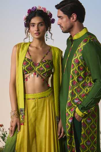 Shop Shashank Arya Green Satin, Chiffon, Chanderi, Crepe Ombre Embroidered Jacket Sharara Set Shop_Shashank Arya_Green Satin, Chiffon, Chanderi, Crepe Ombre Embroidered Jacket Sharara Set