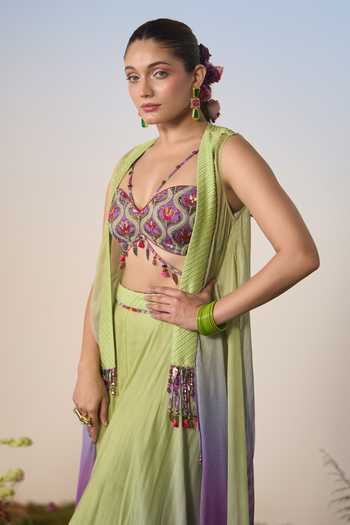 Shashank Arya Green Satin, Chiffon, Chanderi Sweetheart Neck, Open Ombre Jacket Sharara Set Online at Aza Fashions Shashank Arya_Green Satin, Chiffon, Chanderi Sweetheart Neck, Open Ombre Jacket Sharara Set _Online_at_Aza_Fashions