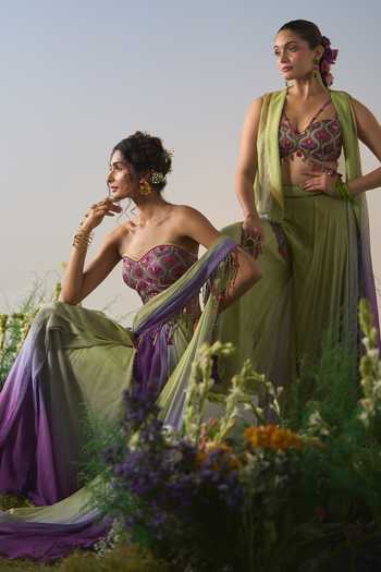 Buy Shashank Arya Green Satin, Chiffon, Chanderi Sweetheart Neck, Open Ombre Jacket Sharara Set Online at Aza Fashions Buy_Shashank Arya_Green Satin, Chiffon, Chanderi Sweetheart Neck, Open Ombre Jacket Sharara Set _Online_at_Aza_Fashions