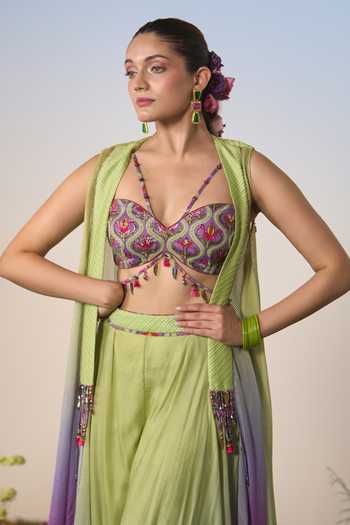 Shop Shashank Arya Green Satin, Chiffon, Chanderi Sweetheart Neck, Open Ombre Jacket Sharara Set Online at Aza Fashions Shop_Shashank Arya_Green Satin, Chiffon, Chanderi Sweetheart Neck, Open Ombre Jacket Sharara Set _Online_at_Aza_Fashions