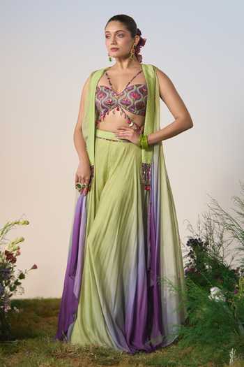 Shashank Arya Green Satin, Chiffon, Chanderi Sweetheart Neck, Open Ombre Jacket Sharara Set at Aza Fashions Shashank Arya_Green Satin, Chiffon, Chanderi Sweetheart Neck, Open Ombre Jacket Sharara Set _at_Aza_Fashions