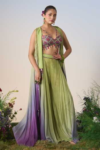 Buy Shashank Arya Green Satin, Chiffon, Chanderi Sweetheart Neck, Open Ombre Jacket Sharara Set Buy_Shashank Arya_Green Satin, Chiffon, Chanderi Sweetheart Neck, Open Ombre Jacket Sharara Set