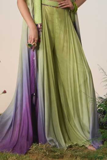 Shop Shashank Arya Green Satin, Chiffon, Chanderi Sweetheart Neck, Open Ombre Jacket Sharara Set Shop_Shashank Arya_Green Satin, Chiffon, Chanderi Sweetheart Neck, Open Ombre Jacket Sharara Set