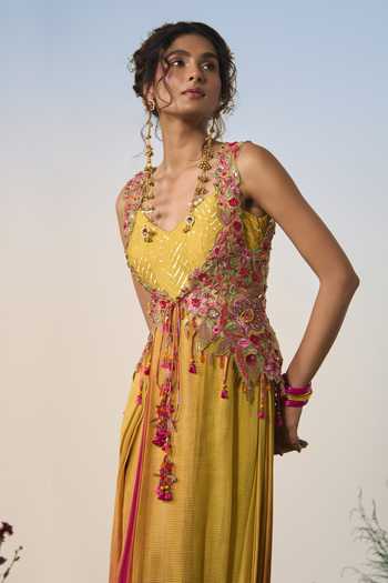 Shop Shashank Arya Pink Organza, Crepe, Chiffon V-, Open Ombre Cowl Kurta And Jacket Set Online at Aza Fashions Shop_Shashank Arya_Pink Organza, Crepe, Chiffon V-, Open Ombre Cowl Kurta And Jacket Set _Online_at_Aza_Fashions