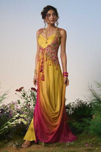 Shashank Arya Pink Organza, Crepe, Chiffon V-, Open Ombre Cowl Kurta And Jacket Set at Aza Fashions Shashank Arya_Pink Organza, Crepe, Chiffon V-, Open Ombre Cowl Kurta And Jacket Set _at_Aza_Fashions
