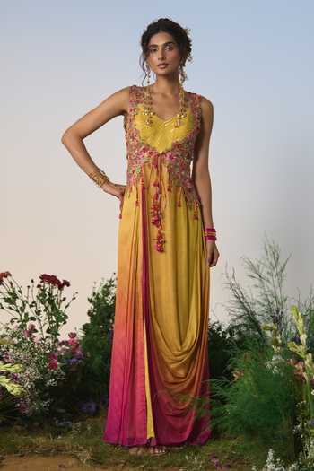 Buy Shashank Arya Pink Organza, Crepe, Chiffon V-, Open Ombre Cowl Kurta And Jacket Set Buy_Shashank Arya_Pink Organza, Crepe, Chiffon V-, Open Ombre Cowl Kurta And Jacket Set