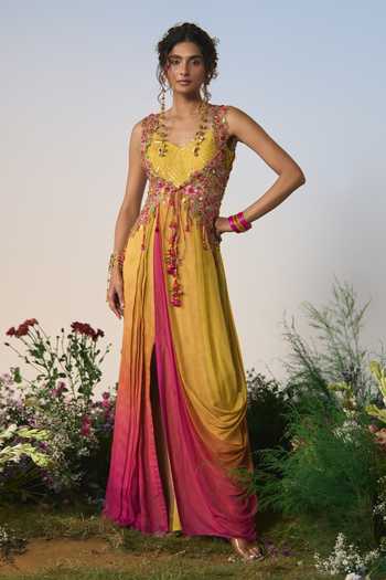 Shop Shashank Arya Pink Organza, Crepe, Chiffon V-, Open Ombre Cowl Kurta And Jacket Set Shop_Shashank Arya_Pink Organza, Crepe, Chiffon V-, Open Ombre Cowl Kurta And Jacket Set