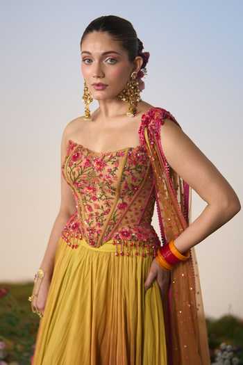 Shop Shashank Arya Pink Satin, Net, Chiffon, Lycra, Shantoon Embroidery, Resham Corset Lehenga Set Online at Aza Fashions Shop_Shashank Arya_Pink Satin, Net, Chiffon, Lycra, Shantoon Embroidery, Resham Corset Lehenga Set _Online_at_Aza_Fashions