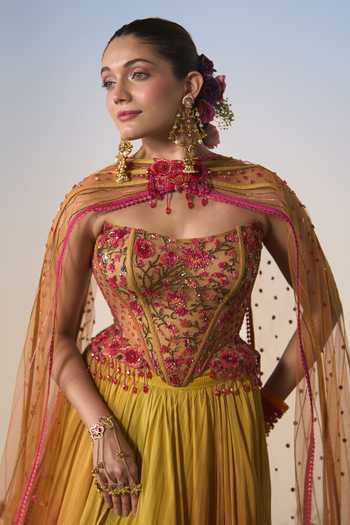 Shop Shashank Arya Pink Satin, Net, Chiffon, Lycra, Shantoon Embroidery, Resham Corset Lehenga Set Shop_Shashank Arya_Pink Satin, Net, Chiffon, Lycra, Shantoon Embroidery, Resham Corset Lehenga Set