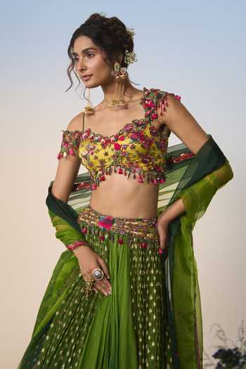 Shop Shashank Arya Green Organza, Net, Chiffon, Brocade Woven Lehenga Set Online at Aza Fashions Shop_Shashank Arya_Green Organza, Net, Chiffon, Brocade Woven Lehenga Set _Online_at_Aza_Fashions