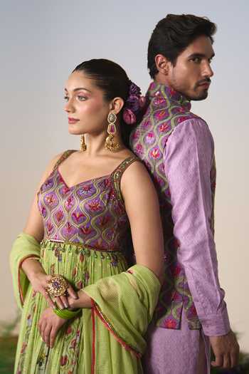 Shop Shashank Arya Green Organza, Brocade, Satin, Lycra Sequins Embroidered Anarkali With Dupatta Shop_Shashank Arya_Green Organza, Brocade, Satin, Lycra Sequins Embroidered Anarkali With Dupatta