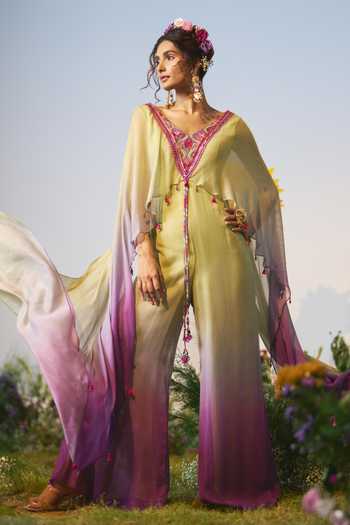 Buy Shashank Arya Green Satin, Chiffon, Shantoon V-neck Sequins Embellished Jumpsuit Online at Aza Fashions Buy_Shashank Arya_Green Satin, Chiffon, Shantoon V-neck Sequins Embellished Jumpsuit _Online_at_Aza_Fashions