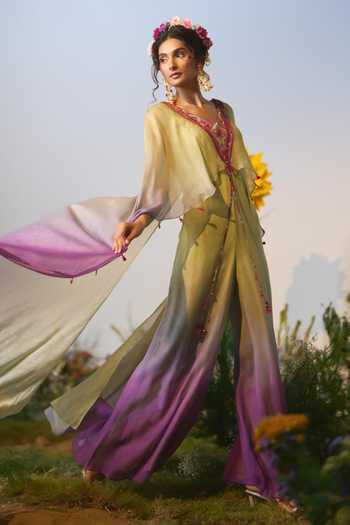 Shop Shashank Arya Green Satin, Chiffon, Shantoon V-neck Sequins Embellished Jumpsuit Online at Aza Fashions Shop_Shashank Arya_Green Satin, Chiffon, Shantoon V-neck Sequins Embellished Jumpsuit _Online_at_Aza_Fashions