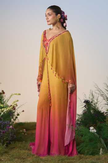 Shashank Arya Pink Satin, Chiffon V-neck Sequins Embroidered Ombre Jumpsuit Online at Aza Fashions Shashank Arya_Pink Satin, Chiffon V-neck Sequins Embroidered Ombre Jumpsuit _Online_at_Aza_Fashions
