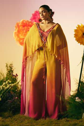 Shashank Arya Pink Satin, Chiffon V-neck Sequins Embroidered Ombre Jumpsuit at Aza Fashions Shashank Arya_Pink Satin, Chiffon V-neck Sequins Embroidered Ombre Jumpsuit _at_Aza_Fashions