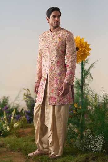 Shop Shashank Arya Pink Dupion, Chanderi, Satin Embroidered Sherwani And Dhoti Pant Set Online at Aza Fashions Shop_Shashank Arya_Pink Dupion, Chanderi, Satin Embroidered Sherwani And Dhoti Pant Set _Online_at_Aza_Fashions