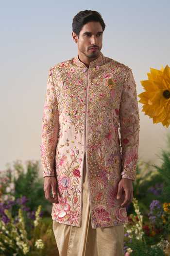 Shashank Arya Pink Dupion, Chanderi, Satin Embroidered Sherwani And Dhoti Pant Set at Aza Fashions Shashank Arya_Pink Dupion, Chanderi, Satin Embroidered Sherwani And Dhoti Pant Set _at_Aza_Fashions
