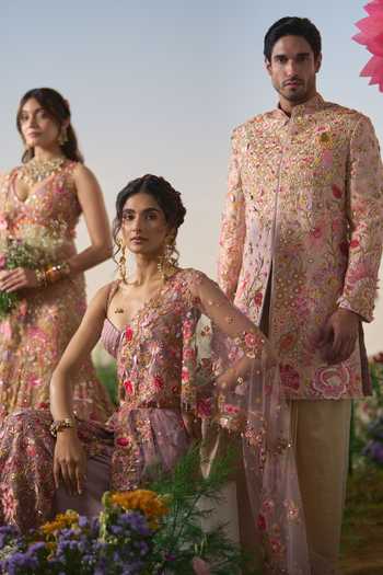 Buy Shashank Arya Pink Dupion, Chanderi, Satin Embroidered Sherwani And Dhoti Pant Set Buy_Shashank Arya_Pink Dupion, Chanderi, Satin Embroidered Sherwani And Dhoti Pant Set